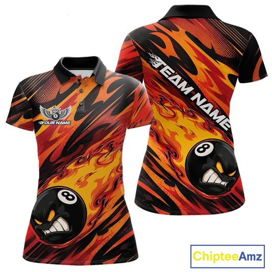 Custom short-sleeve polo shirt with a black, orange, and yellow flame pattern, featuring a 8-ball billiards graphic on the front and back, and 'TEAM NAME' text on the upper back. 