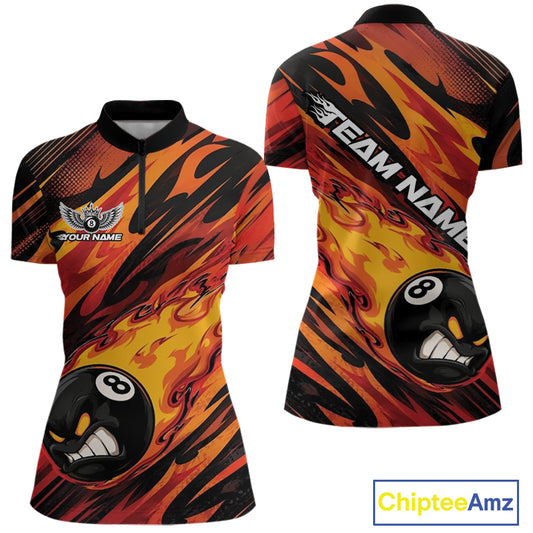 Front and back views of a women's short-sleeve billiards quarter zip shirt featuring a bold orange, yellow, and black flame pattern with 8-ball graphics and 'TEAM NAME' text on the back. 