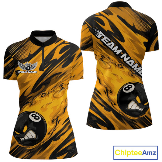 Front and back views of a short-sleeve billiards quarter zip shirt featuring a bold yellow and black flame pattern with 8-ball graphics, custom text placeholders, and a ChipteeAmz logo in the corner.