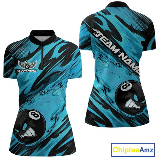 A short-sleeve billiards quarter zip shirt shown from the front and back on a white background. The shirt features a vibrant blue and black abstract fluid pattern with a large black 8-ball graphic on the lower front, a smaller matching graphic on the lower back, and 'TEAM NAME' printed diagonally across the upper back.