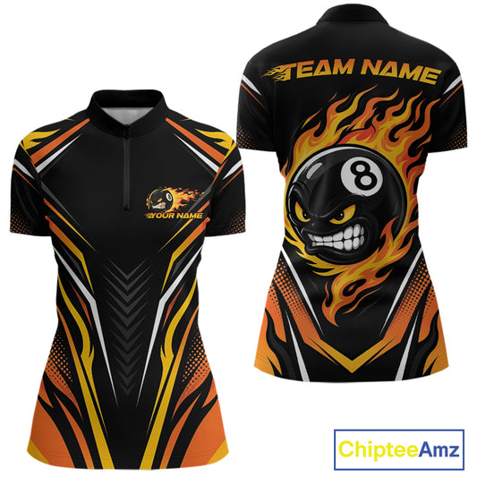 Black short-sleeve billiards quarter zip shirt shown from the front and back, featuring orange and yellow flame graphics, a large 8-ball with a smiling face on the back, and customizable text areas.