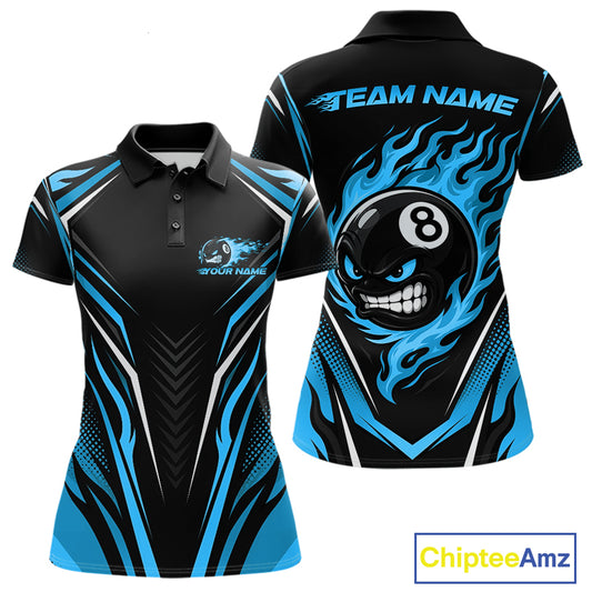 Front and back views of a womens black and blue personalized billiards polo shirt featuring a grinning 8-ball surrounded by sweeping blue flames.