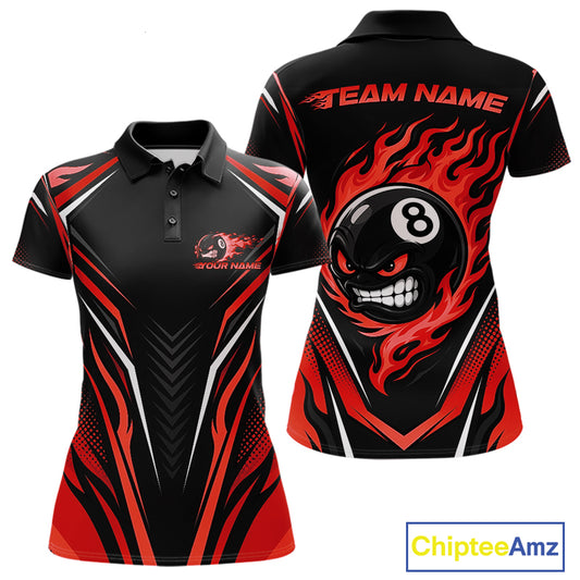 Customizable black short-sleeve polo shirt with red and white flame graphics, featuring a 8-ball skull design on the back 