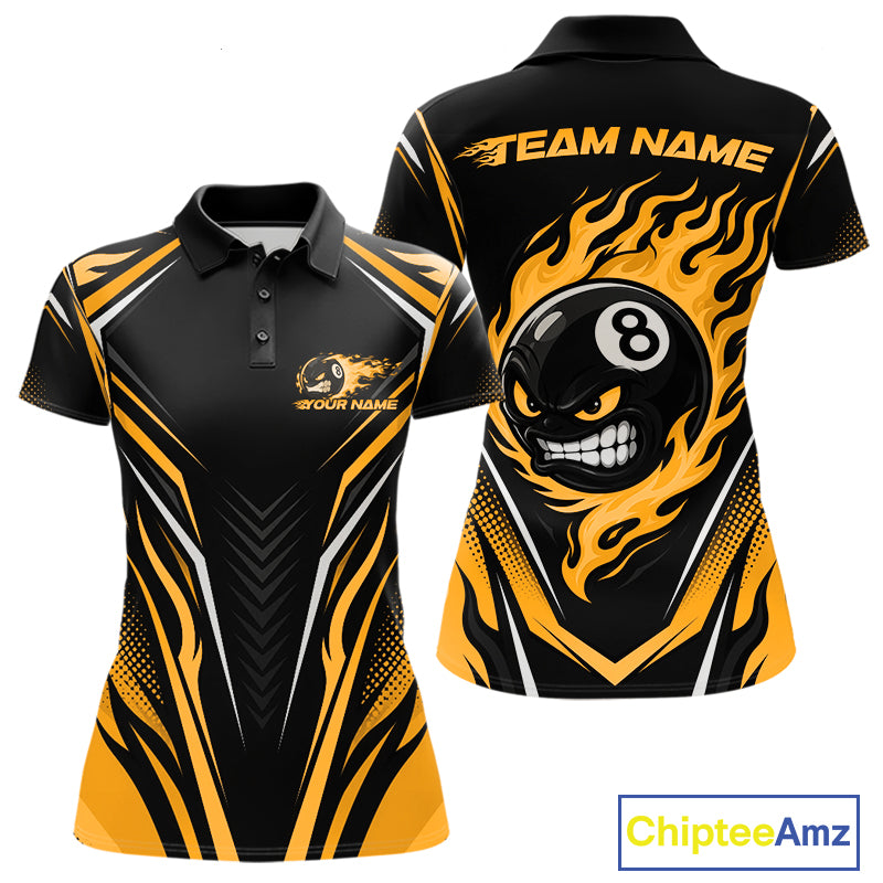 Front and back views of a custom womens black and yellow billiard polo shirt featuring a grinning 8-ball surrounded by sweeping flames.