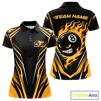 Front and back views of a custom womens black and yellow billiard polo shirt featuring a grinning 8-ball surrounded by sweeping flames.