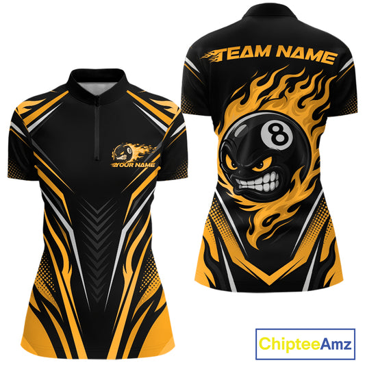 Black and yellow short-sleeve billiards quarter zip shirtshown from the front and back, featuring a 8-ball flame graphic, 'TEAM NAME' text on the back.