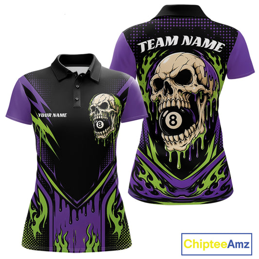 Customizable short-sleeve polo shirt shown from the front and back, featuring a black and purple design with neon green flame accents, a large skull and 8-ball graphic