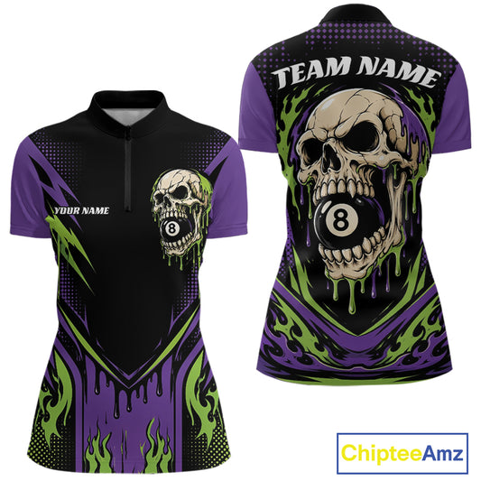 Custom short-sleeve performance billiards quarter zip shirt shown from the front and back, featuring a black and purple base with green flame graphics, a skull with an 8-ball, and customizable text fields.