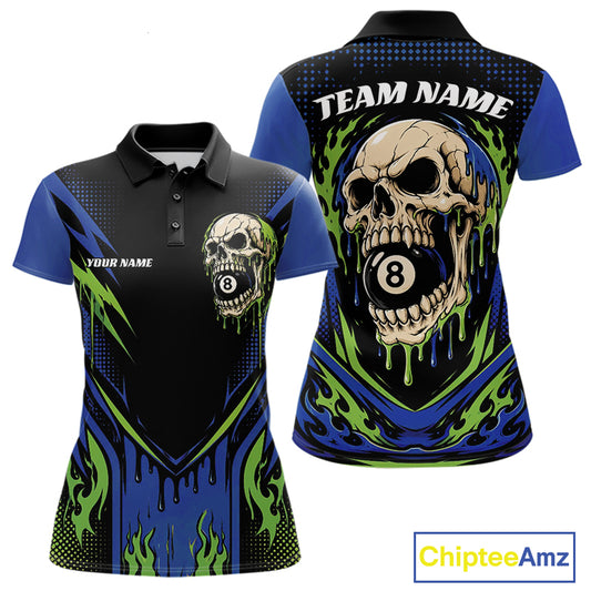 Custom womens short-sleeve polo shirt shown from the front and back, featuring a black, blue, and neon green design with a large skull and 8-ball graphic