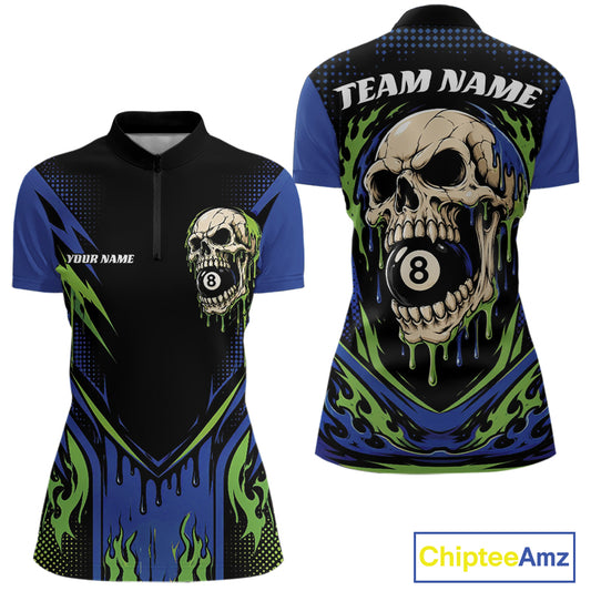 Custom short-sleeve billiards quarter zip shirtshown from the front and back, featuring a black base with blue sleeves and lower body, green flame-like graphics, and a large skull-and-eight-ball design. 