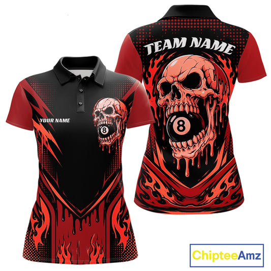Custom short-sleeve polo shirt shown from the front and back, featuring a black and red pattern with a dripping skull and 8-ball graphic, plus placeholder text 'TEAM NAME' and 'YOUR NAME'.