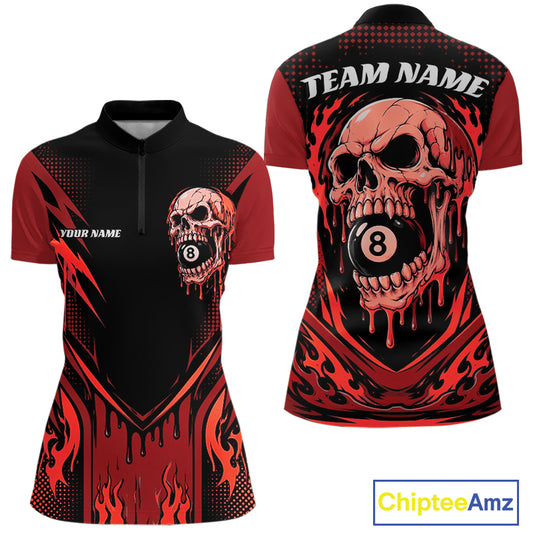 Custom short-sleeve billiards quarter zip shirt shown from the front and back, featuring a black and red design with a dripping skull and billiard 8-ball graphic, flames, and customizable text placeholders.