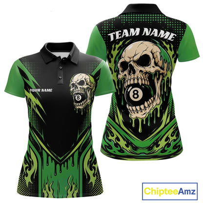 Custom Green Dripping Skull 8 Ball Halloween Billiards Women Polo Shirt, Pool Shirt IPHW11788
