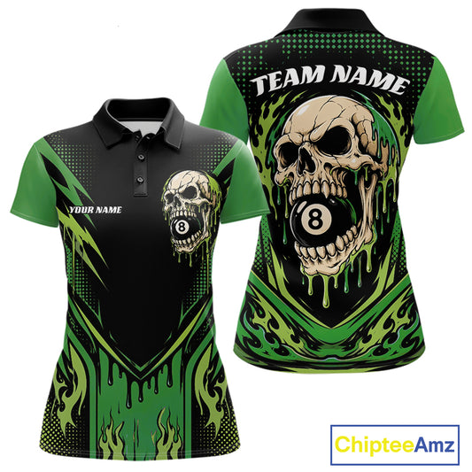 Front and back views of a black and green custom womens billiards polo shirt featuring a skull biting an 8-ball amid dripping green flames.