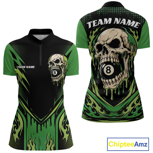 Custom short-sleeve billiards quarter zip shirt shown in front and back views, featuring a black and green design with a skull and billiard 8-ball graphic, flames, and customizable text fields.