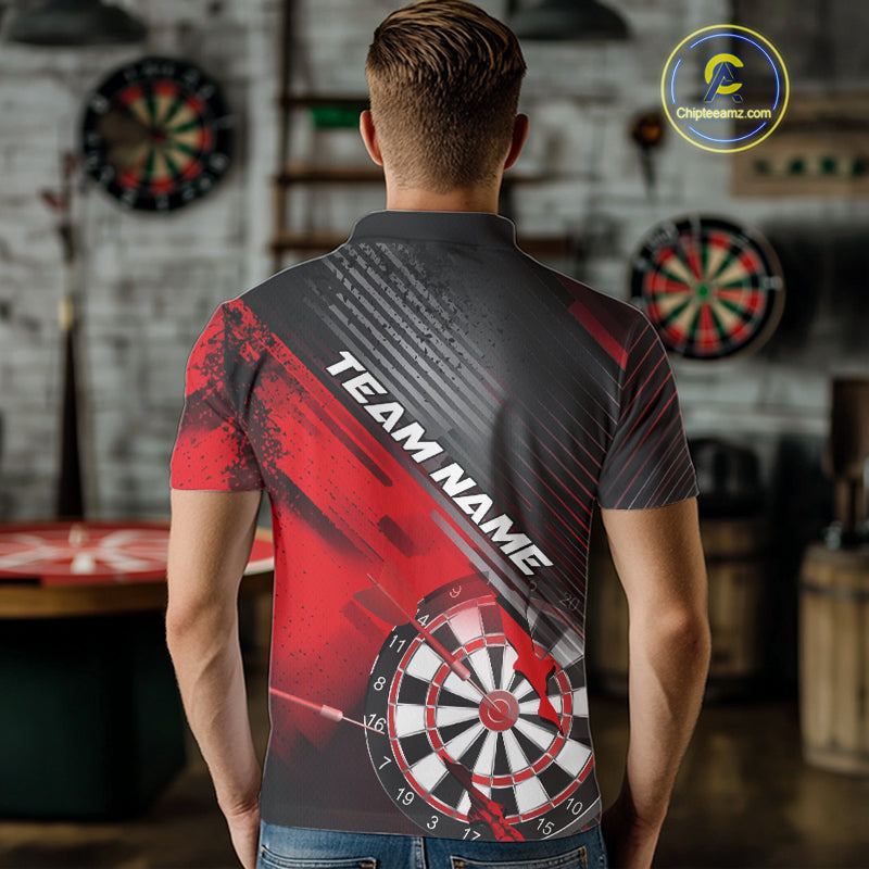 Custom Grunge Red Dartboard Dart Team Polo Shirts For Men, Dart Players Jerseys IPHW9974