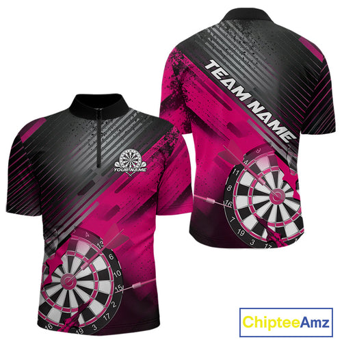 Custom Grunge Pink Dartboard Dart Team Quarter-Zip Shirts For Men, Dart Players Jerseys IPHW9978