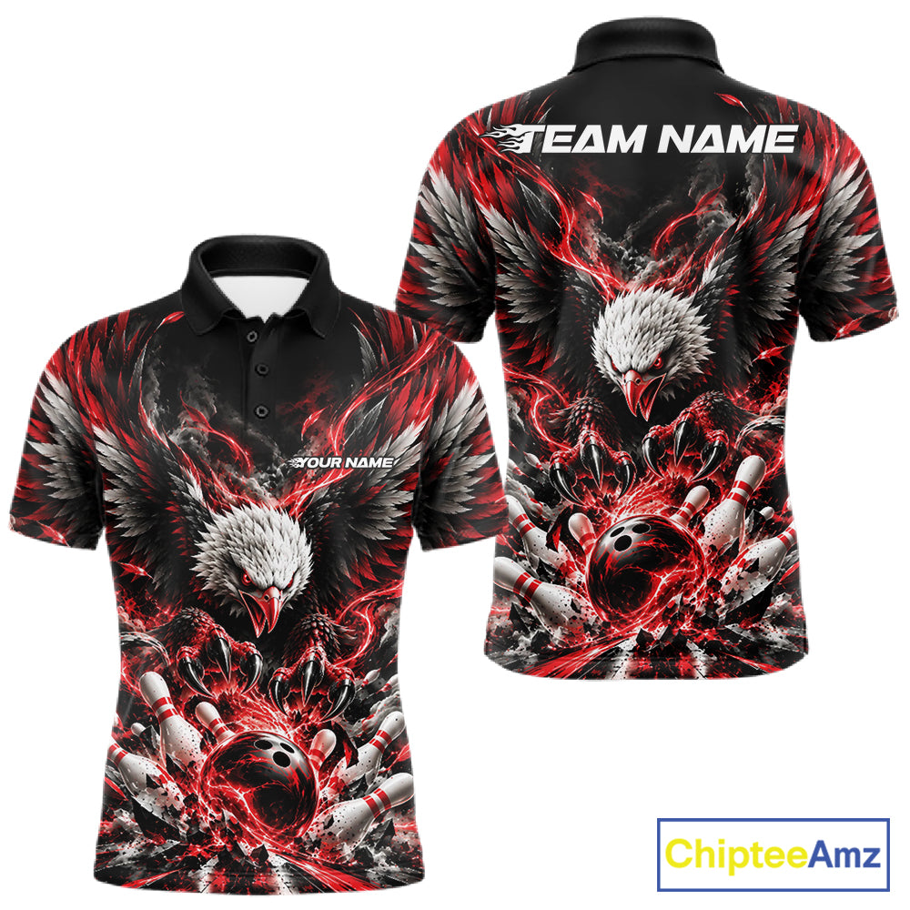 Custom Red Flame Eagle Bowling Men Polo Shirt, Matching Bowling Team League Shirt IPHW12425