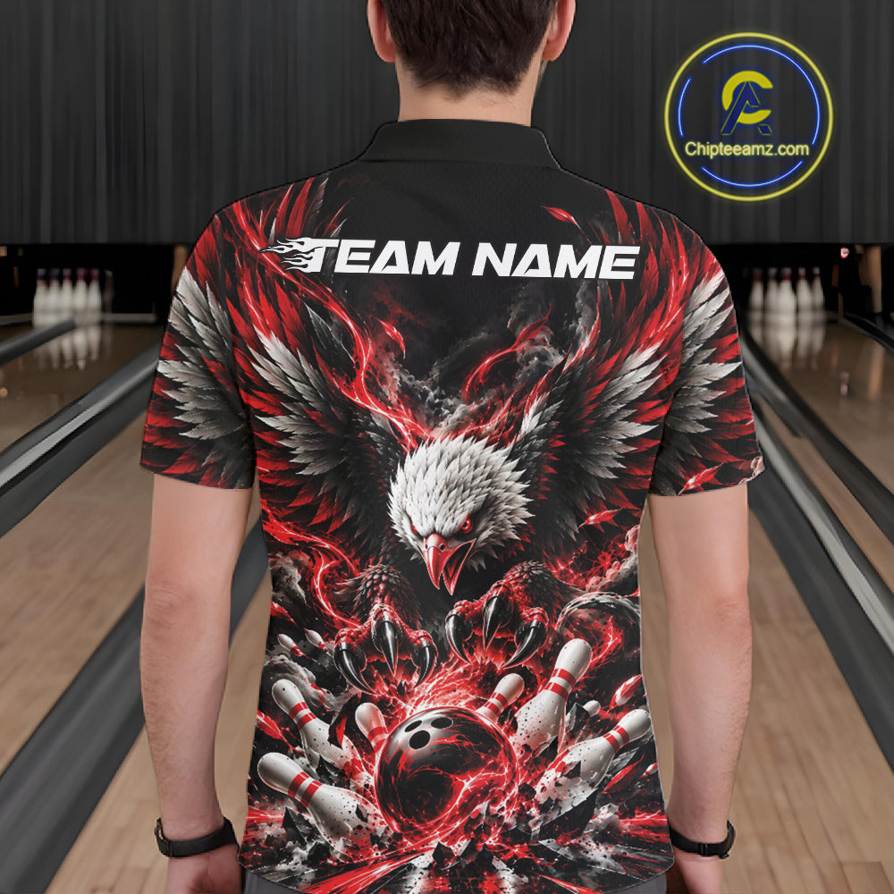 Custom Red Flame Eagle Bowling Men Polo Shirt, Matching Bowling Team League Shirt IPHW12425