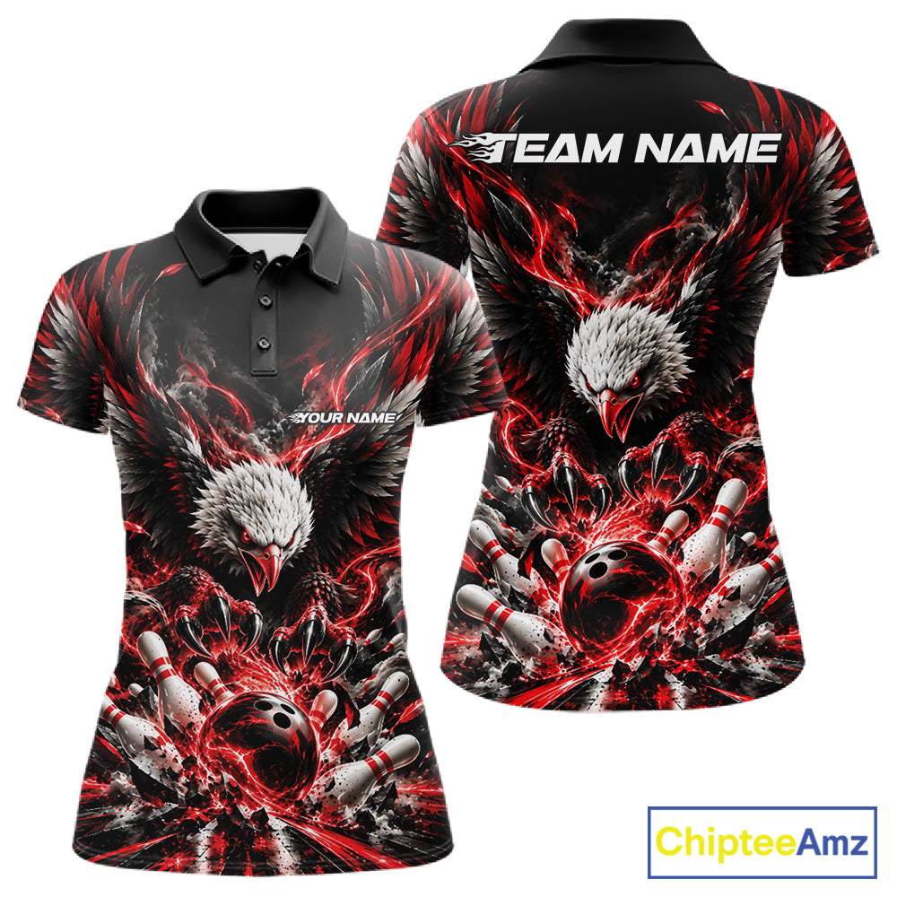 Custom Red Flame Eagle Bowling Women Polo Shirt, Matching Bowling Team League Shirt IPHW12425