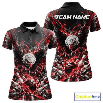 Custom Red Flame Eagle Bowling Women Polo Shirt, Matching Bowling Team League Shirt IPHW12425