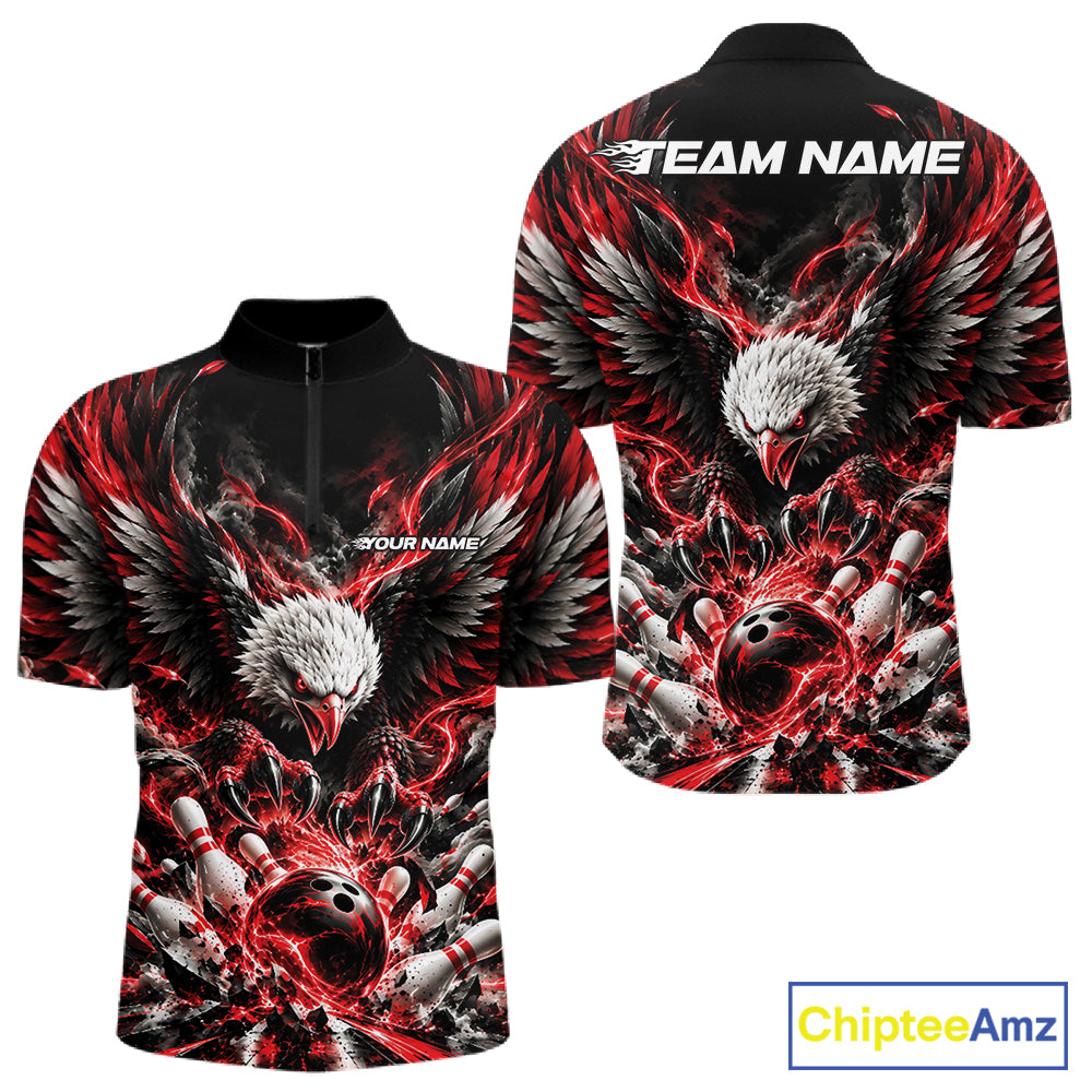 Custom Red Flame Eagle Bowling Men Quarter Zip Shirt, Matching Bowling Team League Shirt IPHW12425