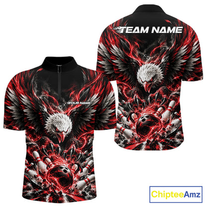 Custom Red Flame Eagle Bowling Men Quarter Zip Shirt, Matching Bowling Team League Shirt IPHW12425