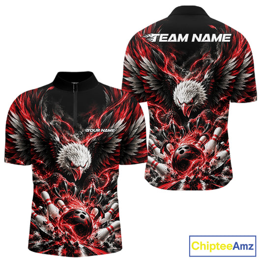 Custom Red Flame Eagle Bowling Men Quarter Zip Shirt, Matching Bowling Team League Shirt IPHW12425