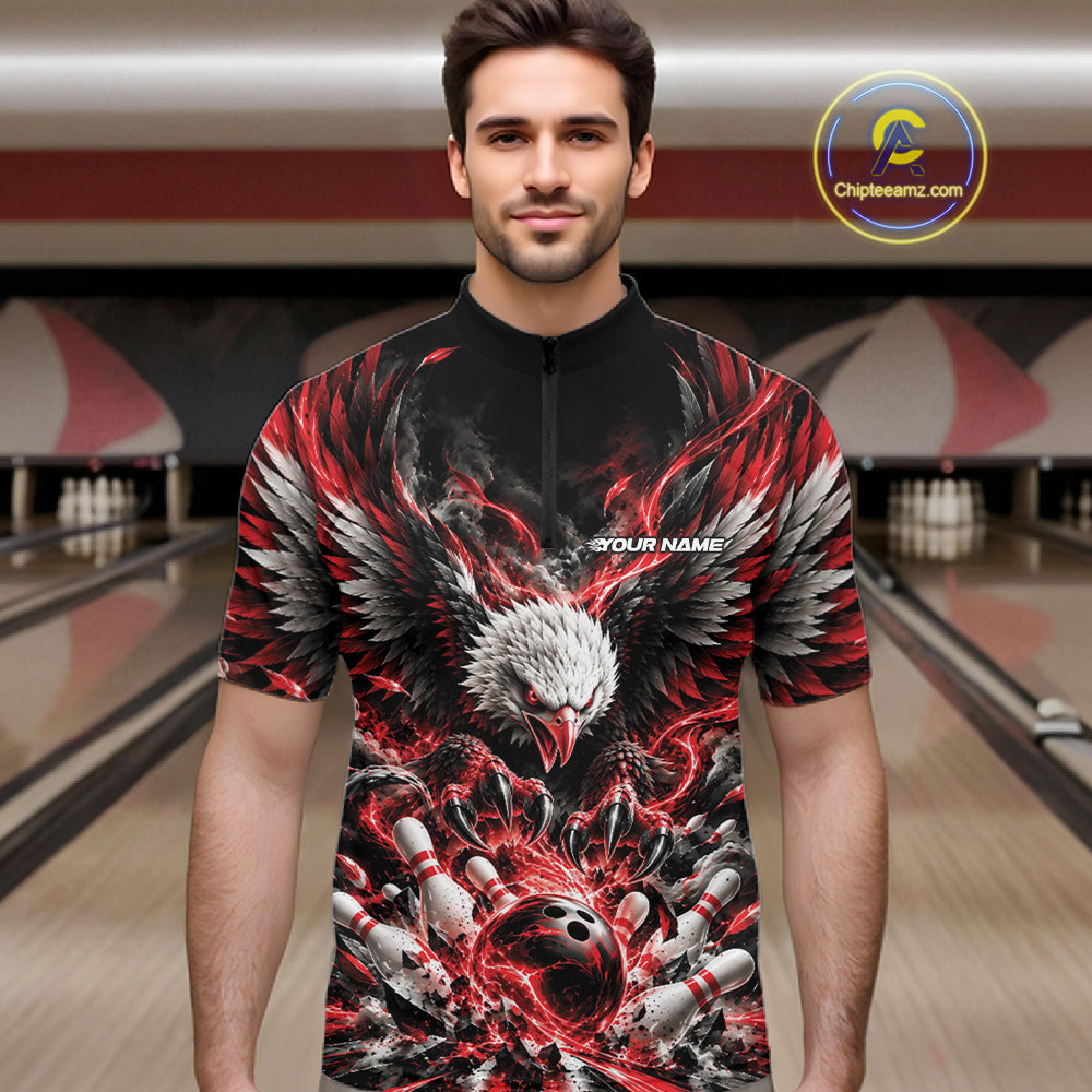 Custom Red Flame Eagle Bowling Men Quarter Zip Shirt, Matching Bowling Team League Shirt IPHW12425