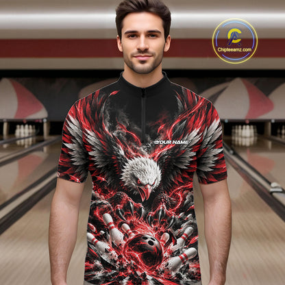 Custom Red Flame Eagle Bowling Men Quarter Zip Shirt, Matching Bowling Team League Shirt IPHW12425