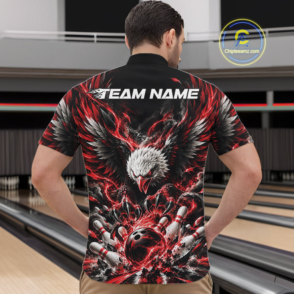 Custom Red Flame Eagle Bowling Men Quarter Zip Shirt, Matching Bowling Team League Shirt IPHW12425