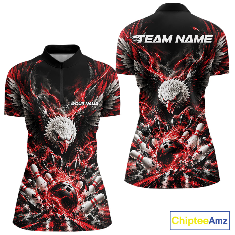 Custom Red Flame Eagle Bowling Women Quarter-Zip Shirt, Bowling Team League Shirt IPHW12425