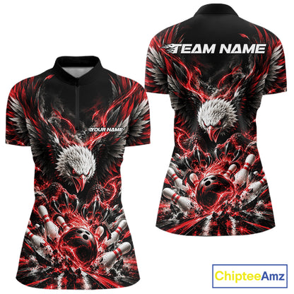 Custom Red Flame Eagle Bowling Women Quarter-Zip Shirt, Bowling Team League Shirt IPHW12425