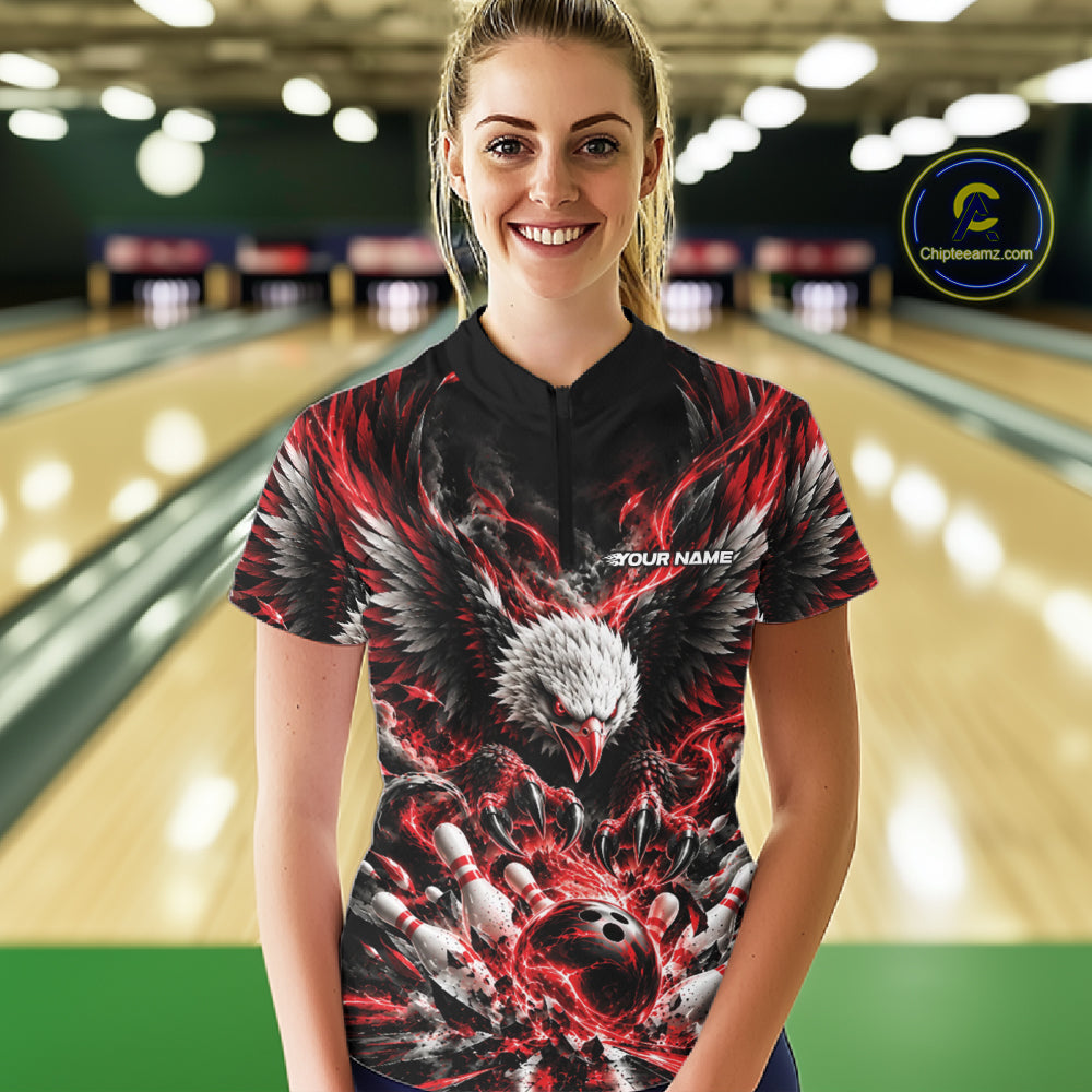 Custom Red Flame Eagle Bowling Women Quarter-Zip Shirt, Bowling Team League Shirt IPHW12425