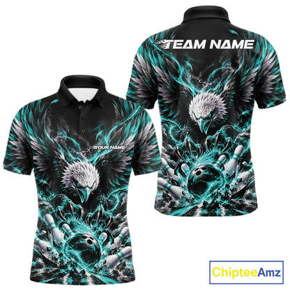 Custom Turquoise Flame Eagle Bowling Men Polo Shirt, Matching Bowling Team League Shirt IPHW12426