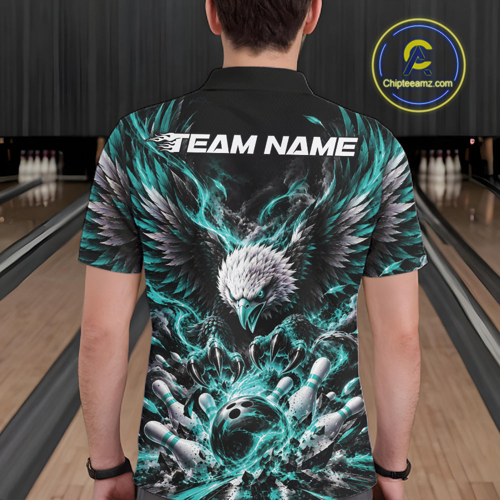 Custom Turquoise Flame Eagle Bowling Men Polo Shirt, Matching Bowling Team League Shirt IPHW12426