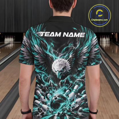 Custom Turquoise Flame Eagle Bowling Men Polo Shirt, Matching Bowling Team League Shirt IPHW12426