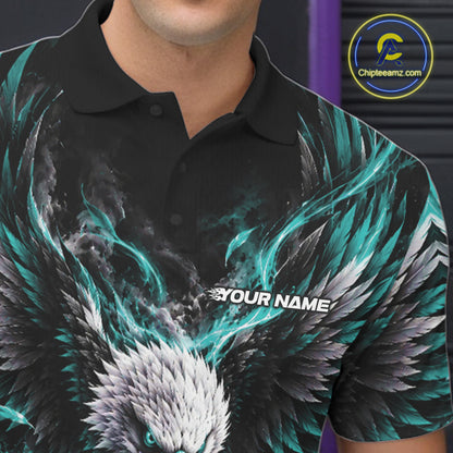 Custom Turquoise Flame Eagle Bowling Men Polo Shirt, Matching Bowling Team League Shirt IPHW12426