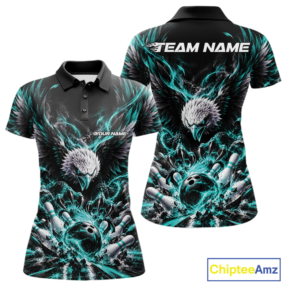 Custom Turquoise Flame Eagle Bowling Women Polo Shirt, Matching Bowling Team League Shirt IPHW12426