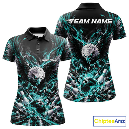 Custom Turquoise Flame Eagle Bowling Women Polo Shirt, Matching Bowling Team League Shirt IPHW12426