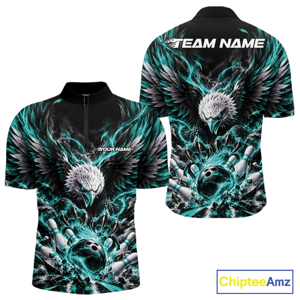 Custom Turquoise Flame Eagle Bowling Men Quarter Zip Shirt, Matching Bowling Team League Shirt IPHW12426