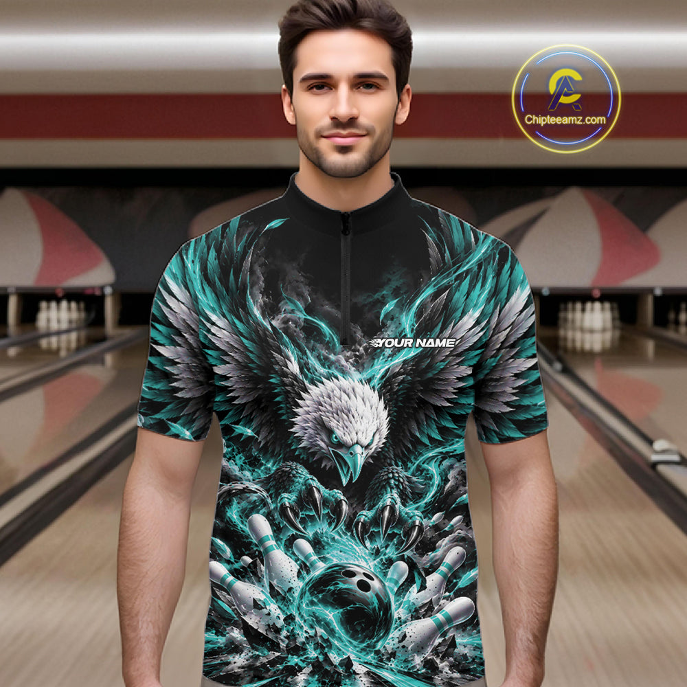 Custom Turquoise Flame Eagle Bowling Men Quarter Zip Shirt, Matching Bowling Team League Shirt IPHW12426