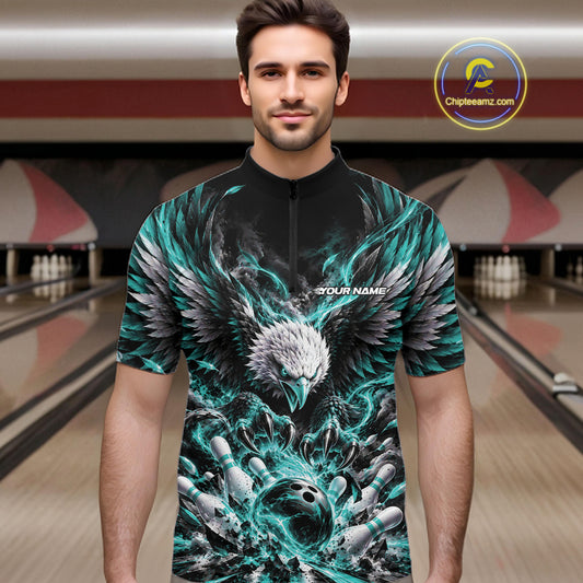 Custom Turquoise Flame Eagle Bowling Men Quarter Zip Shirt, Matching Bowling Team League Shirt IPHW12426