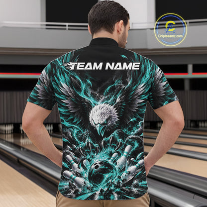 Custom Turquoise Flame Eagle Bowling Men Quarter Zip Shirt, Matching Bowling Team League Shirt IPHW12426