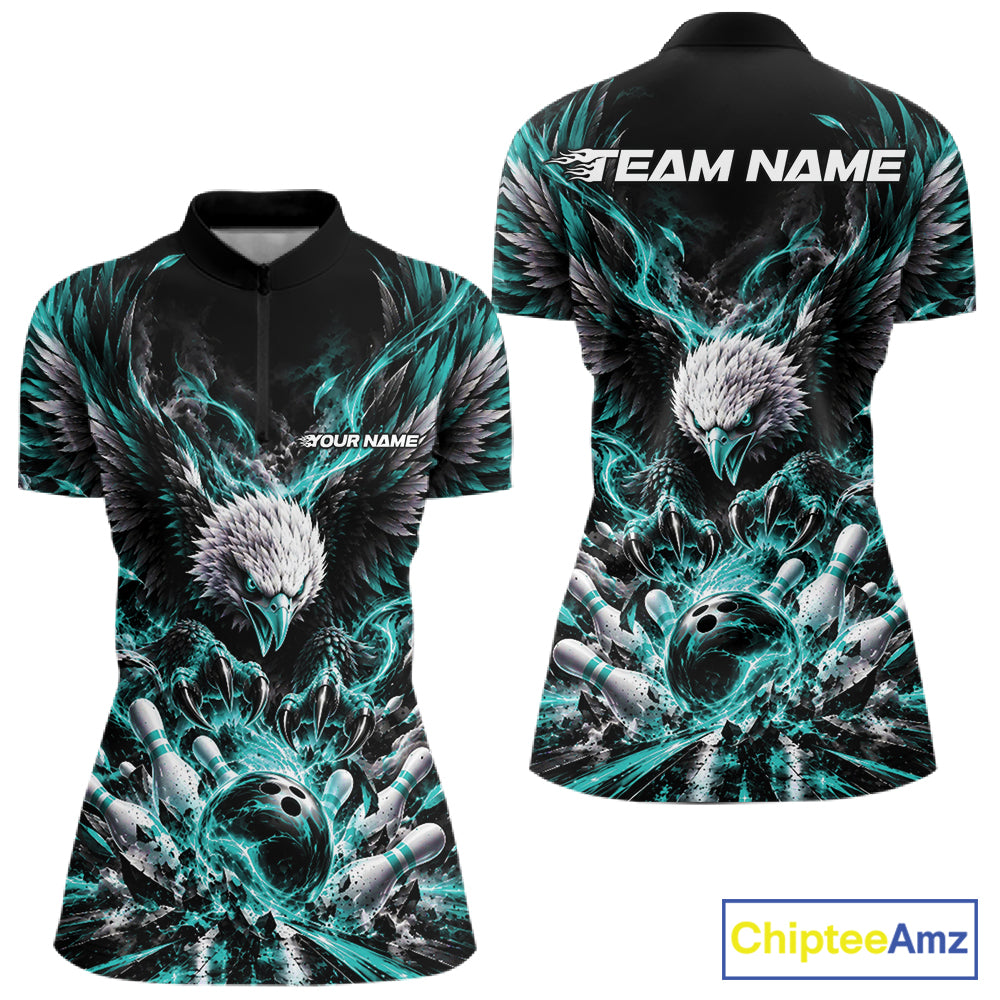 Custom Turquoise Flame Eagle Bowling Women Quarter-Zip Shirt, Bowling Team League Shirt IPHW12426