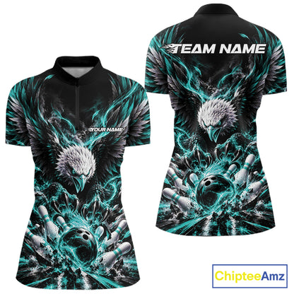 Custom Turquoise Flame Eagle Bowling Women Quarter-Zip Shirt, Bowling Team League Shirt IPHW12426