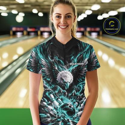 Custom Turquoise Flame Eagle Bowling Women Quarter-Zip Shirt, Bowling Team League Shirt IPHW12426
