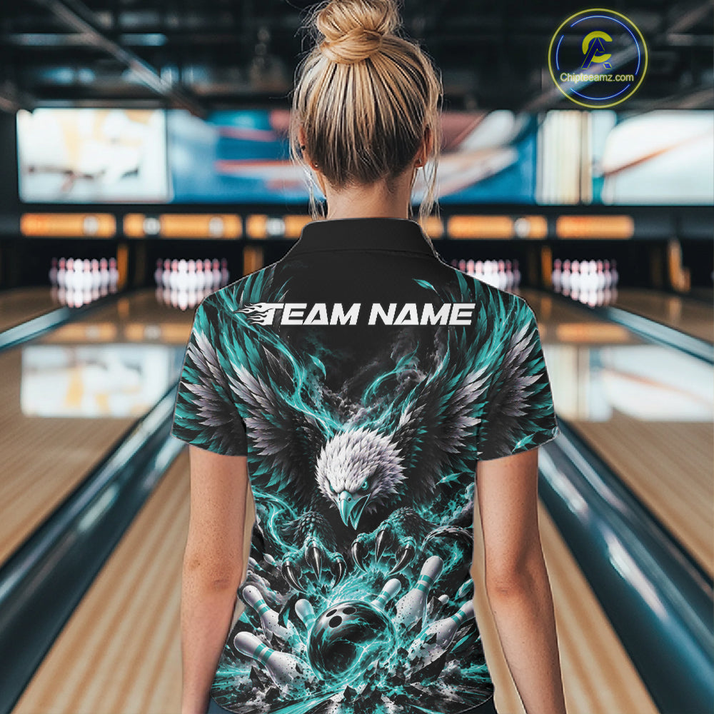 Custom Turquoise Flame Eagle Bowling Women Quarter-Zip Shirt, Bowling Team League Shirt IPHW12426