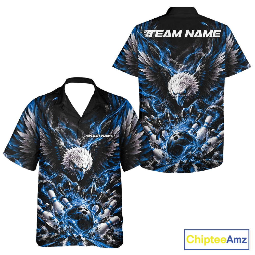 Custom Ocean Blue Flame Eagle Bowling Men And Women Button Up Shirt, Matching Bowling Team League Shirt IPHW12427
