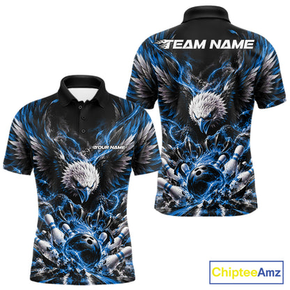 Custom Ocean Blue Flame Eagle Bowling Men Polo Shirt, Matching Bowling Team League Shirt IPHW12427